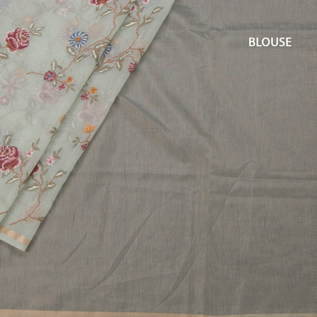Linen Mint Green Floral Thread Work Saree