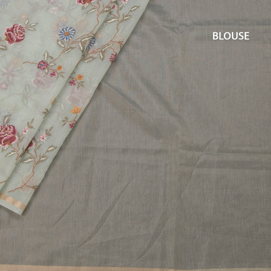 Linen Mint Green Floral Thread Work Saree