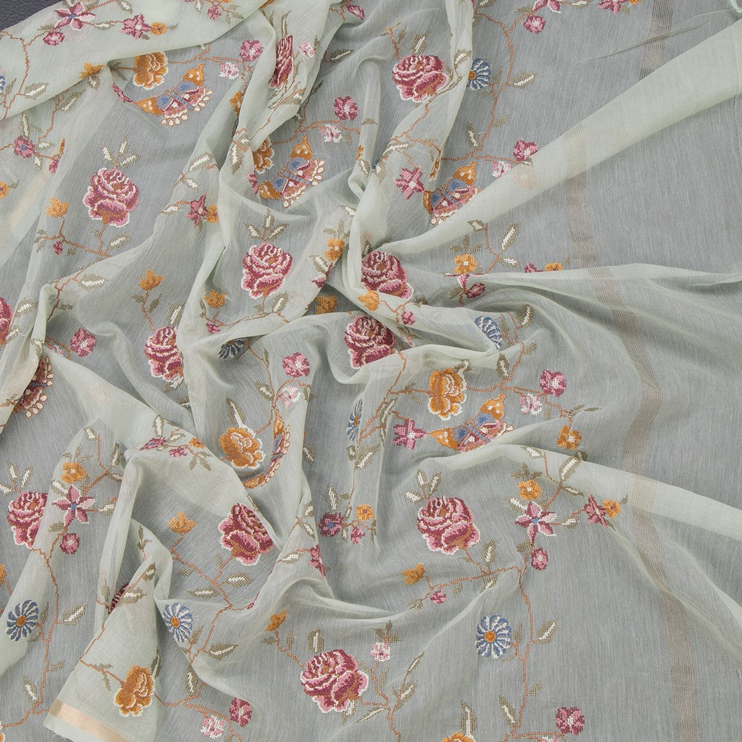 Linen Mint Green Floral Thread Work Saree