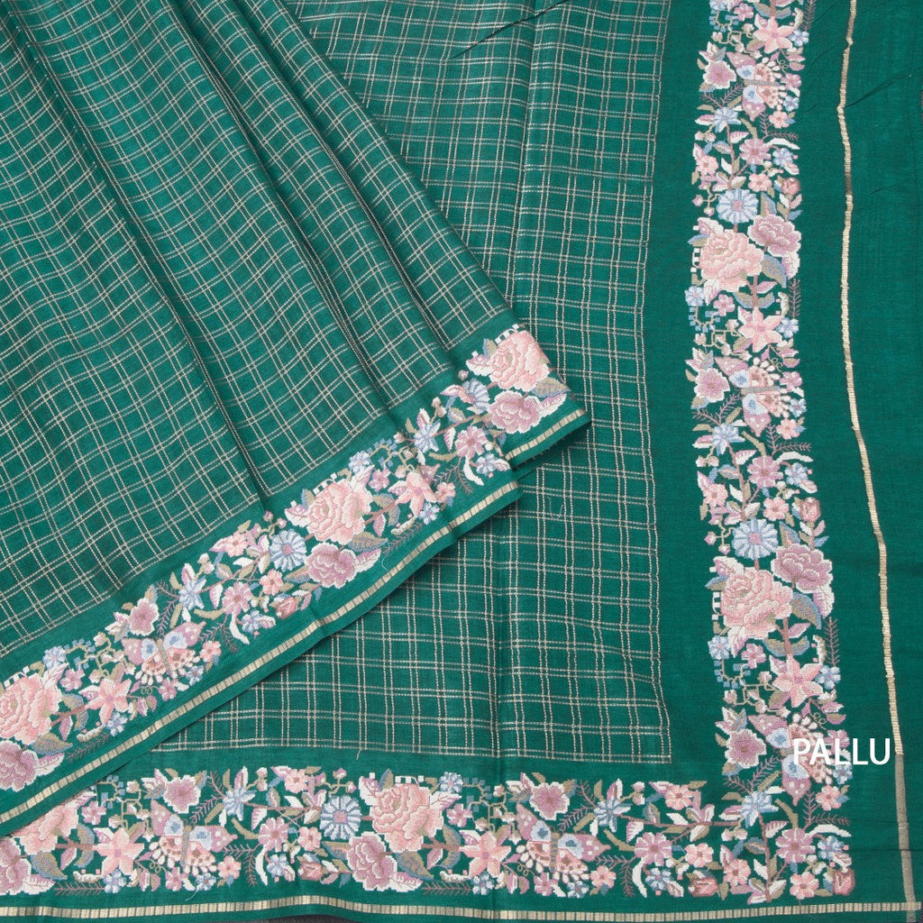 Raw Silk Bottle Green Zari Checked Saree And Thread Border