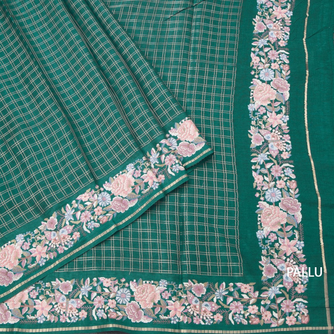 Raw Silk Bottle Green Zari Checked Saree And Thread Border