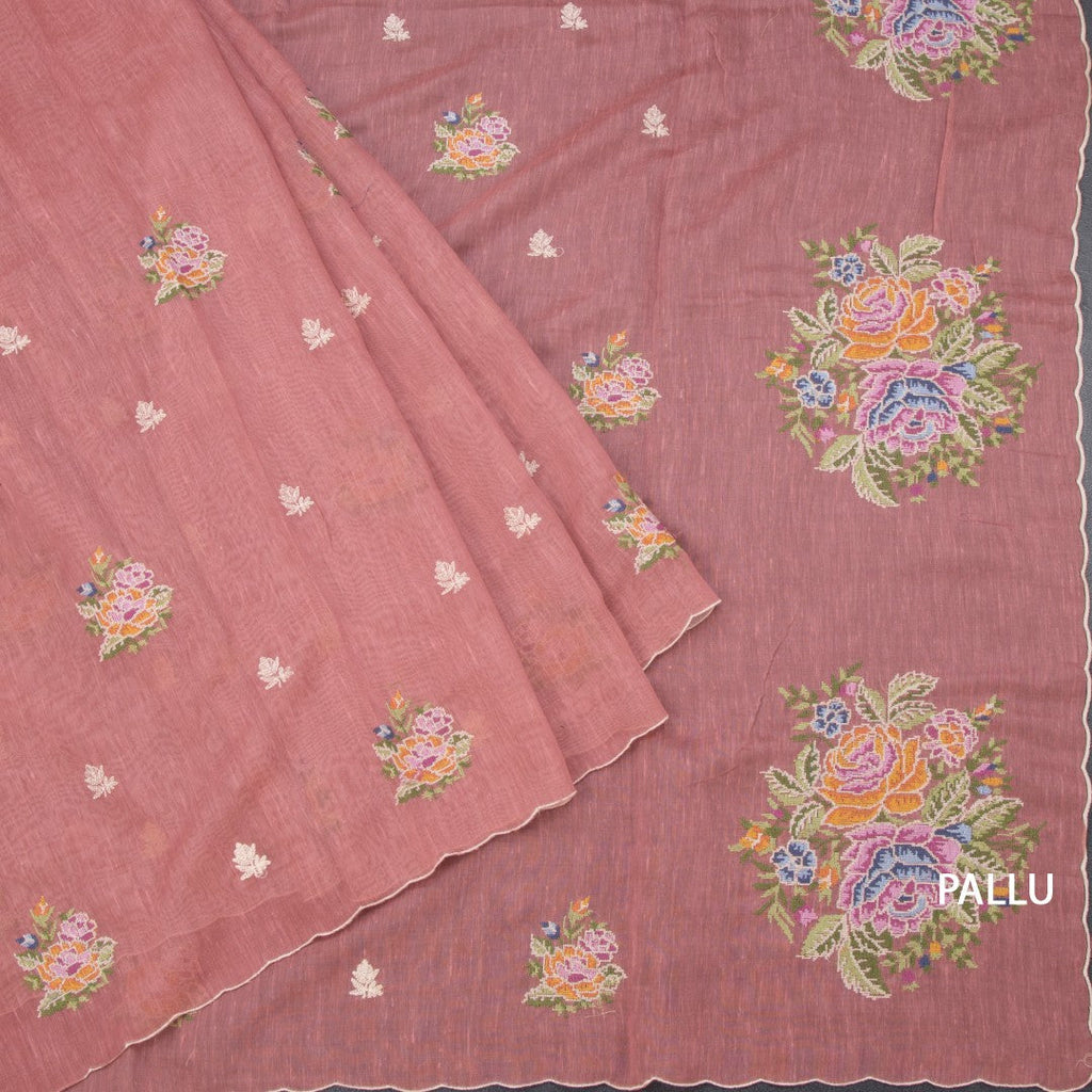 Linen Peach Floral Thread Work Borderless Saree
