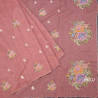 Linen Peach Floral Thread Work Borderless Saree