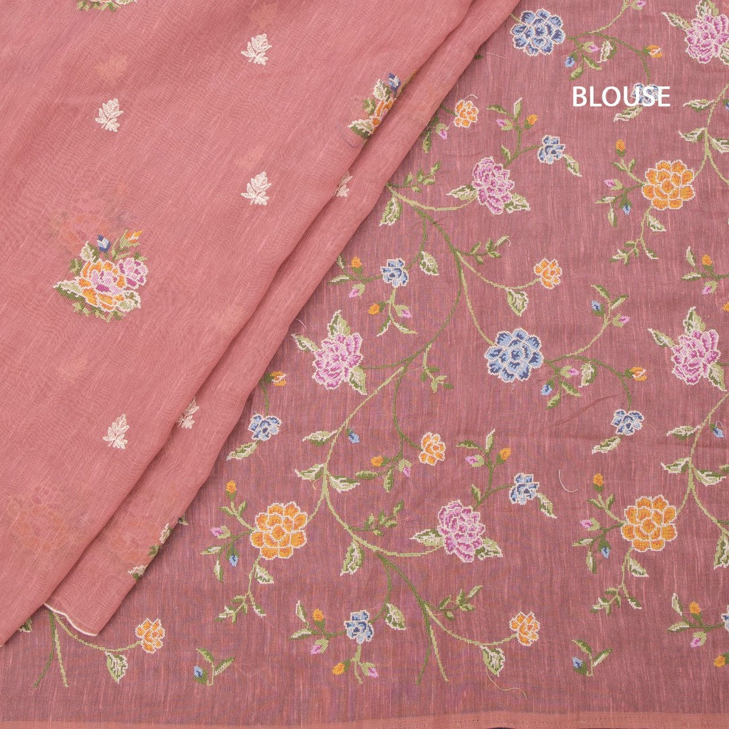 Linen Peach Floral Thread Work Borderless Saree