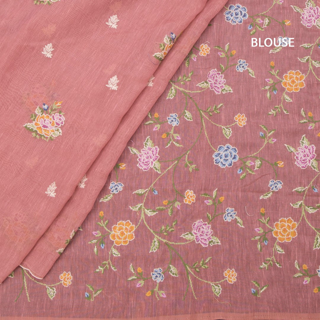 Linen Peach Floral Thread Work Borderless Saree