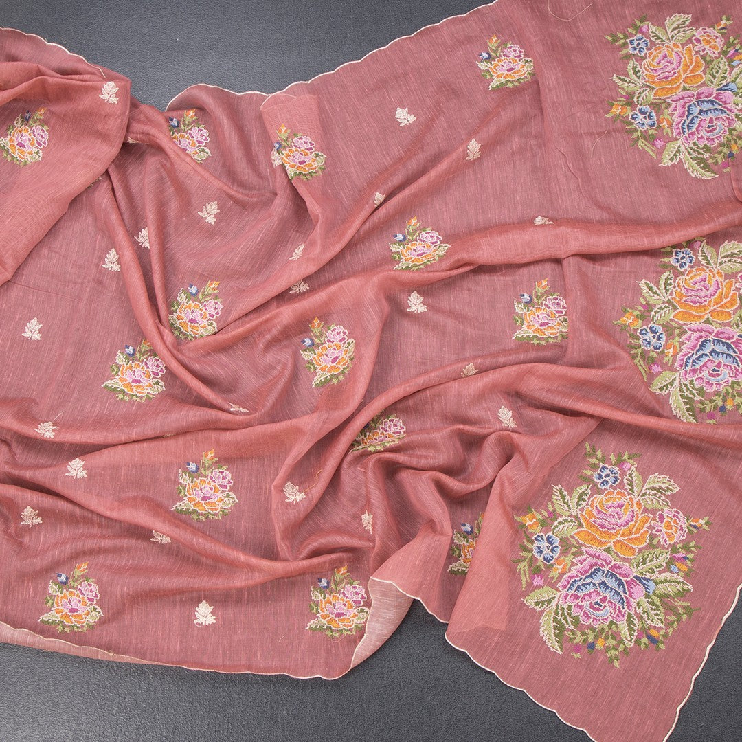 Linen Peach Floral Thread Work Borderless Saree