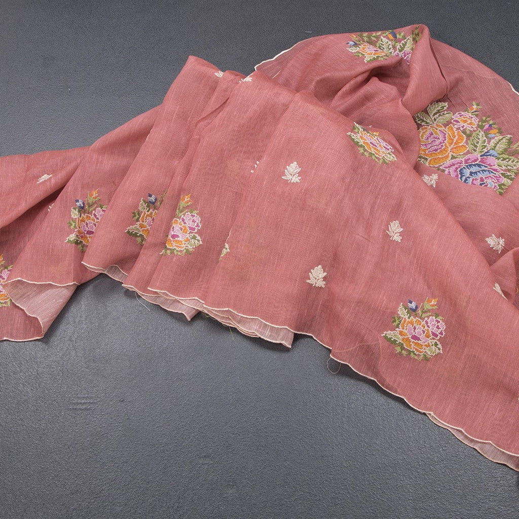 Linen Peach Floral Thread Work Borderless Saree