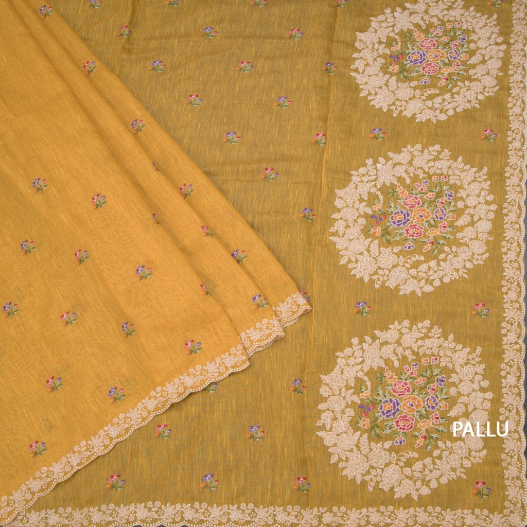 Raw Silk Yellow Floral Thread Buttas And Thread Border