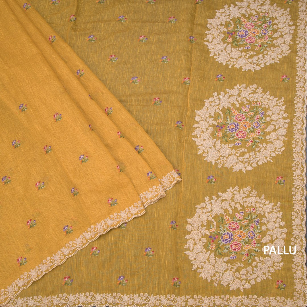 Raw Silk Yellow Floral Thread Buttas And Thread Border