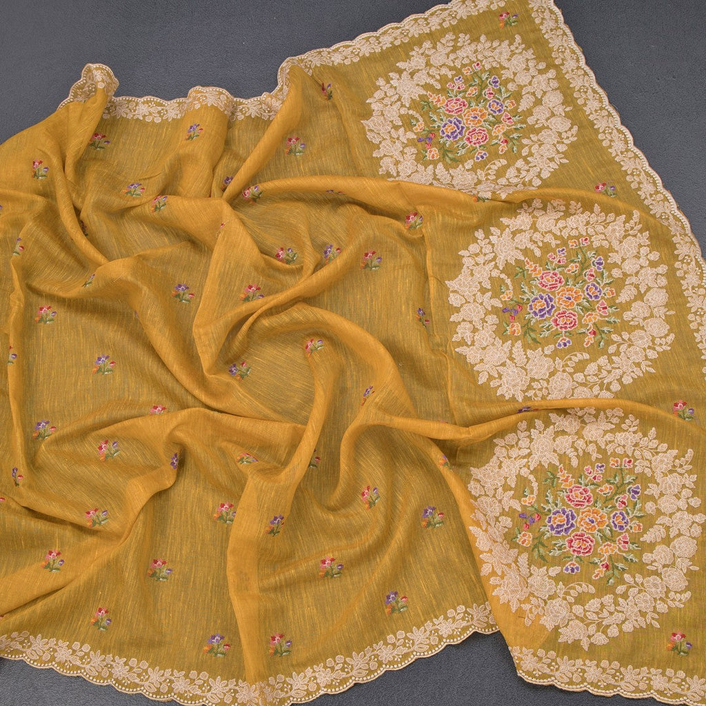Raw Silk Yellow Floral Thread Buttas And Thread Border