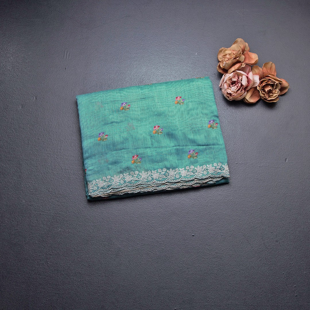 Linen Sapphire Green Floral Thread Buttas And Thread Border
