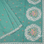 Linen Sapphire Green Floral Thread Buttas And Thread Border