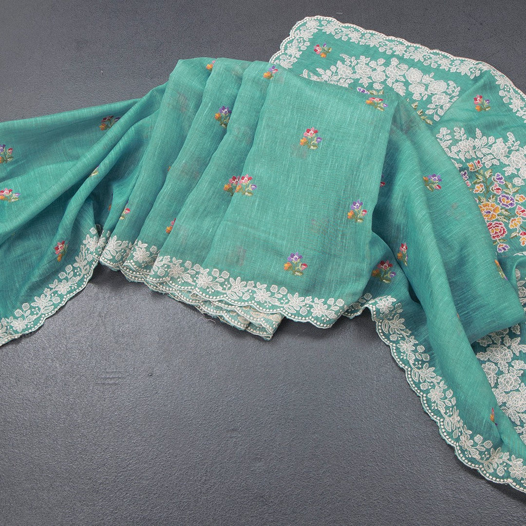 Linen Sapphire Green Floral Thread Buttas And Thread Border