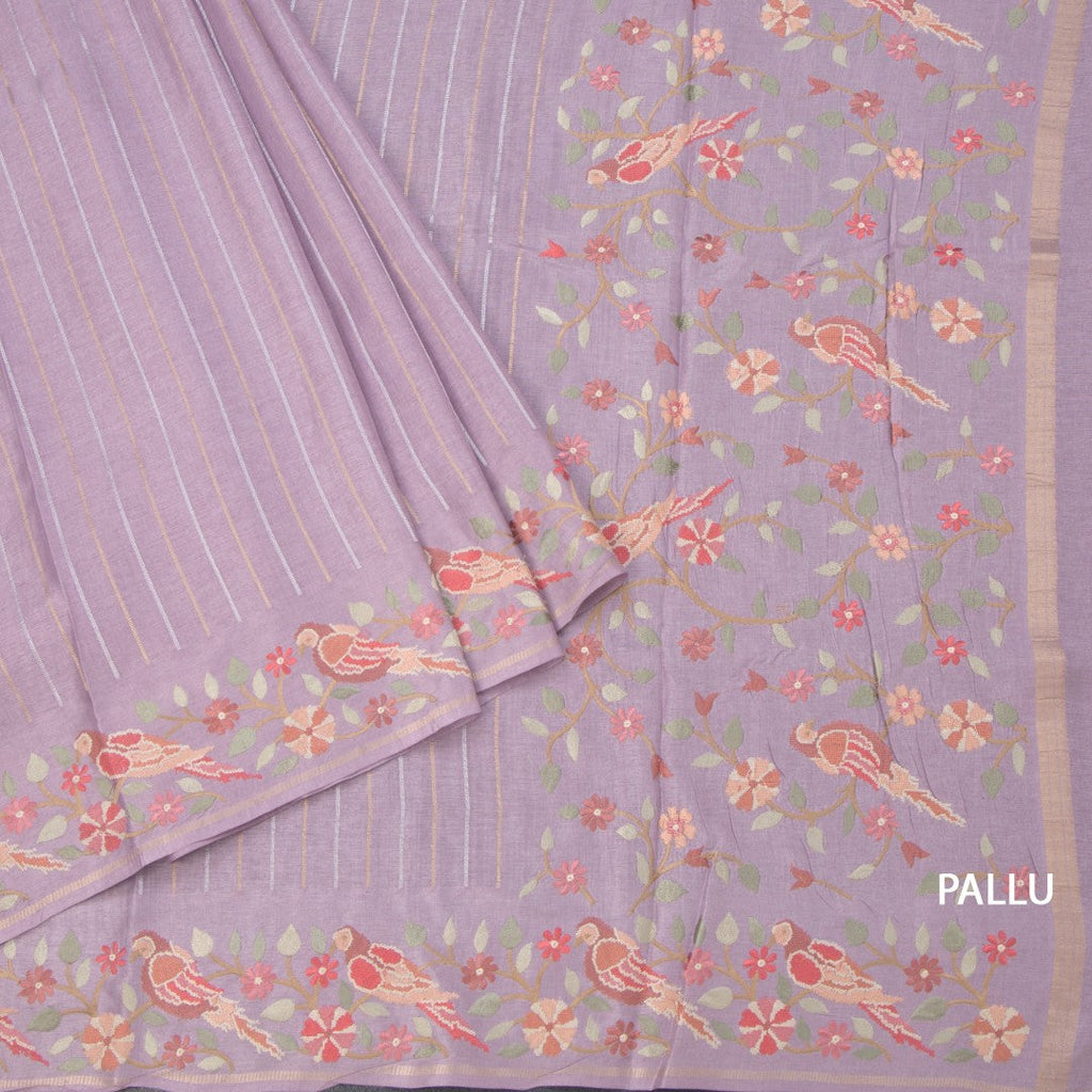 Raw Silk Lilac Purple Zari Stripes Saree And Thread Border