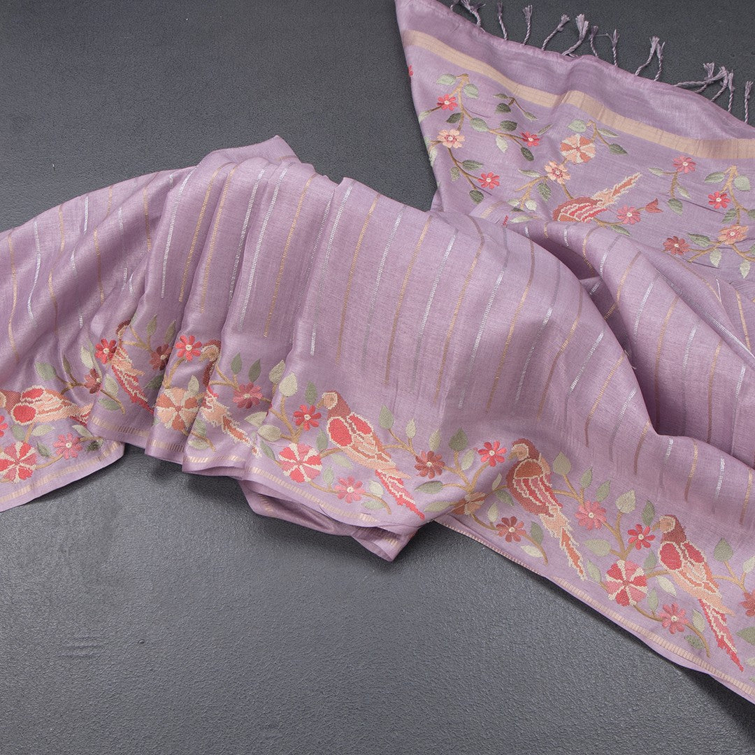 Raw Silk Lilac Purple Zari Stripes Saree And Thread Border