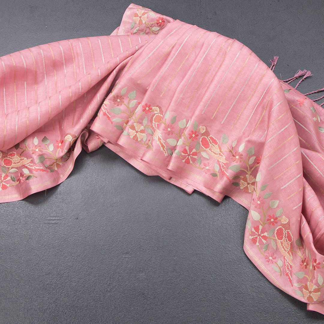 Raw Silk Baby Pink Saree With Zari Stripes And Thread Border