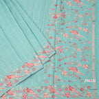 Raw Silk Sky Blue Saree With Zari Stripes And Thread Border