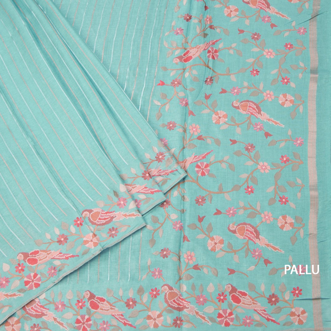 Raw Silk Sky Blue Saree With Zari Stripes And Thread Border