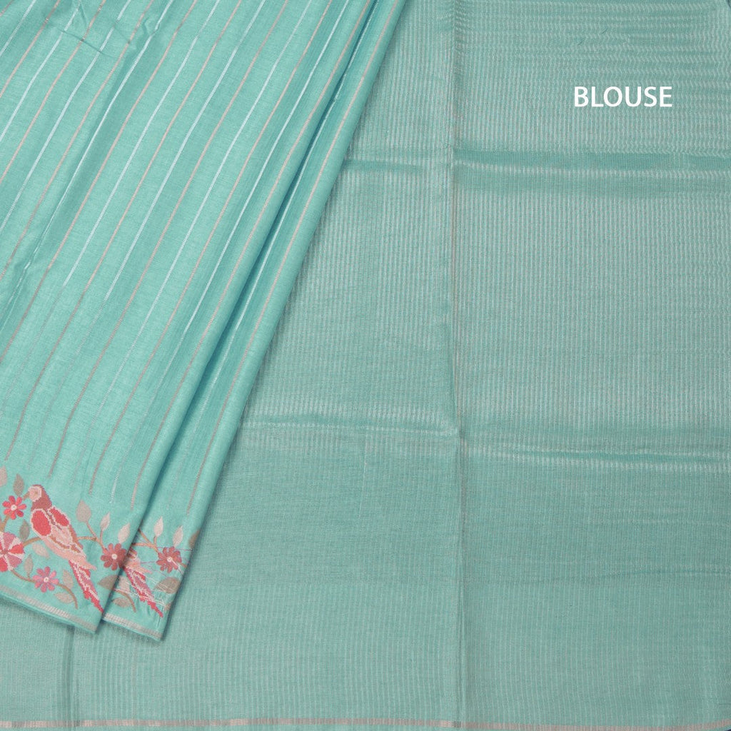 Raw Silk Sky Blue Saree With Zari Stripes And Thread Border