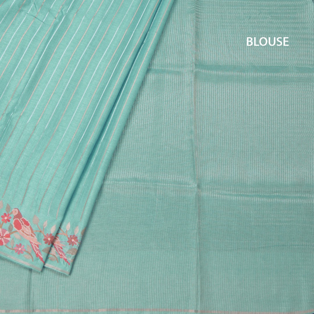 Raw Silk Sky Blue Saree With Zari Stripes And Thread Border