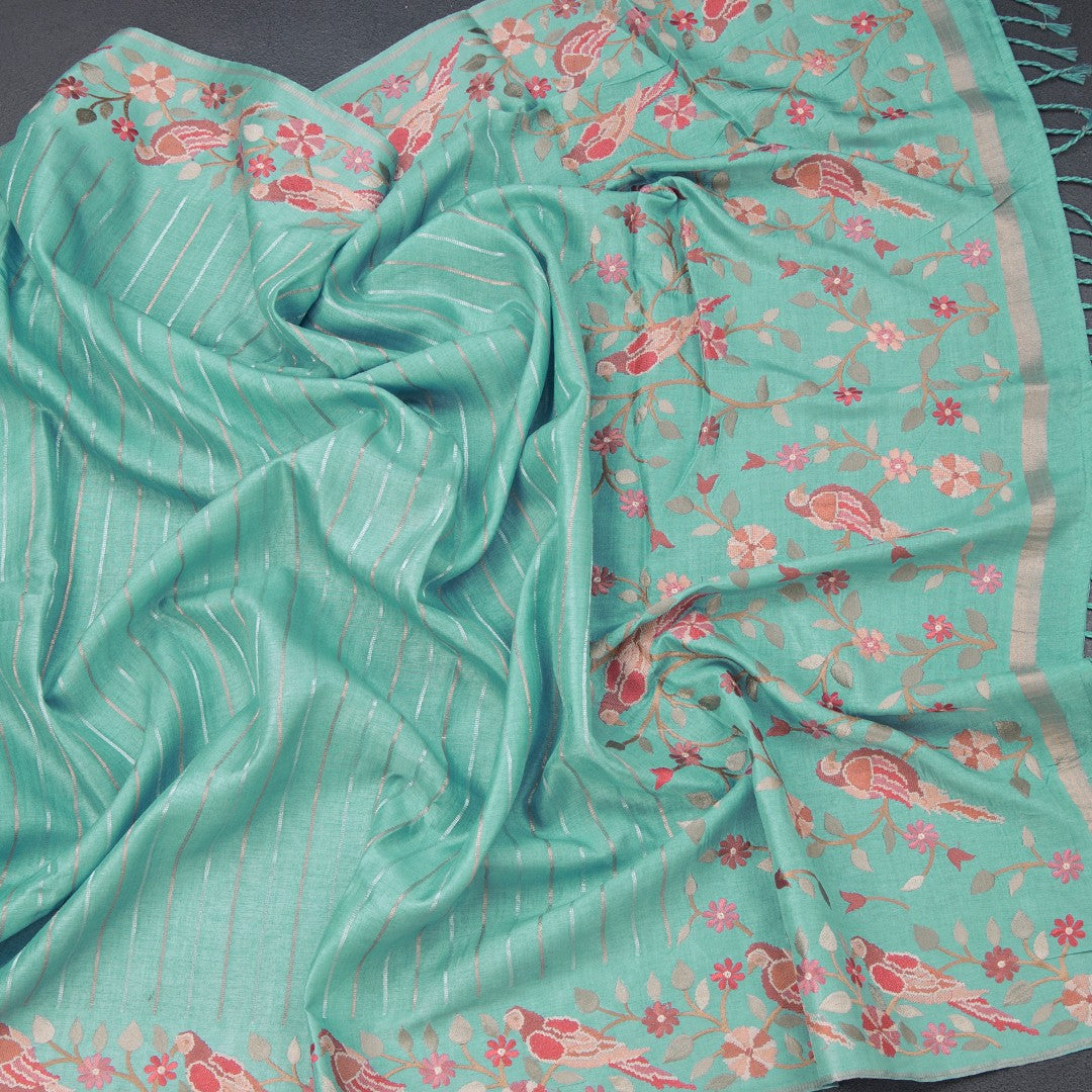 Raw Silk Sky Blue Saree With Zari Stripes And Thread Border