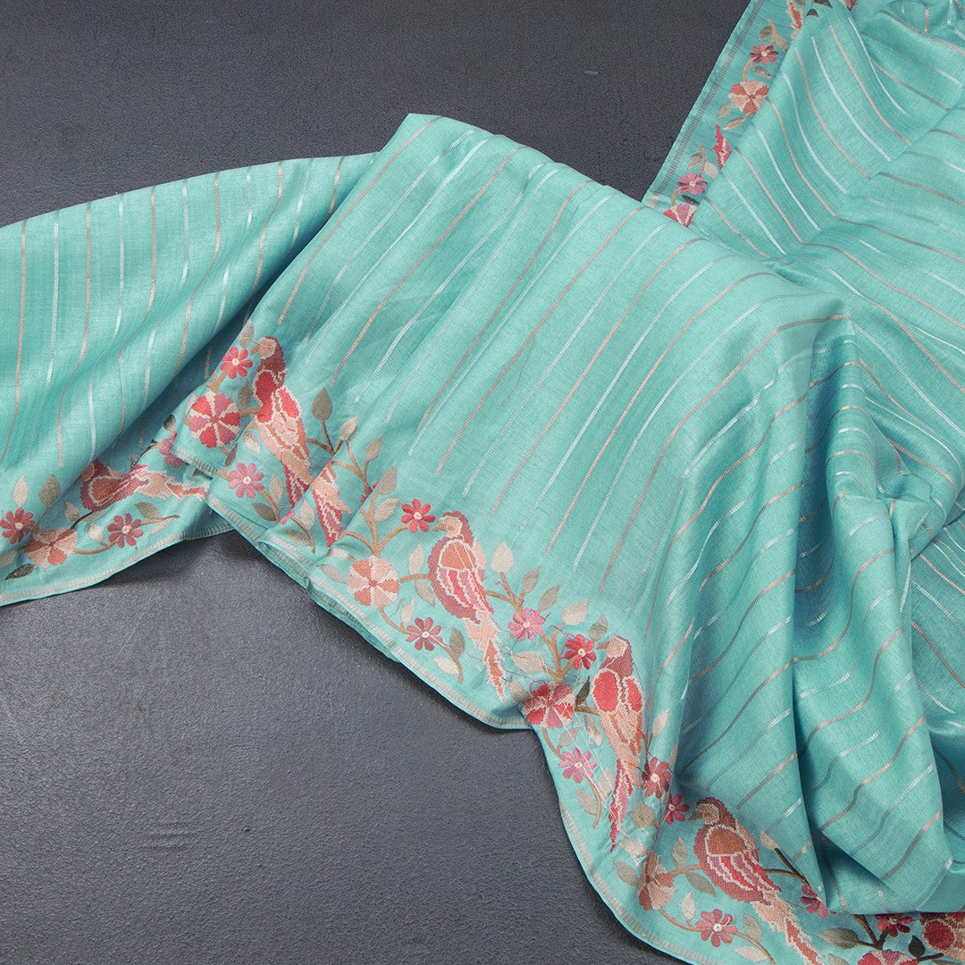 Raw Silk Sky Blue Saree With Zari Stripes And Thread Border