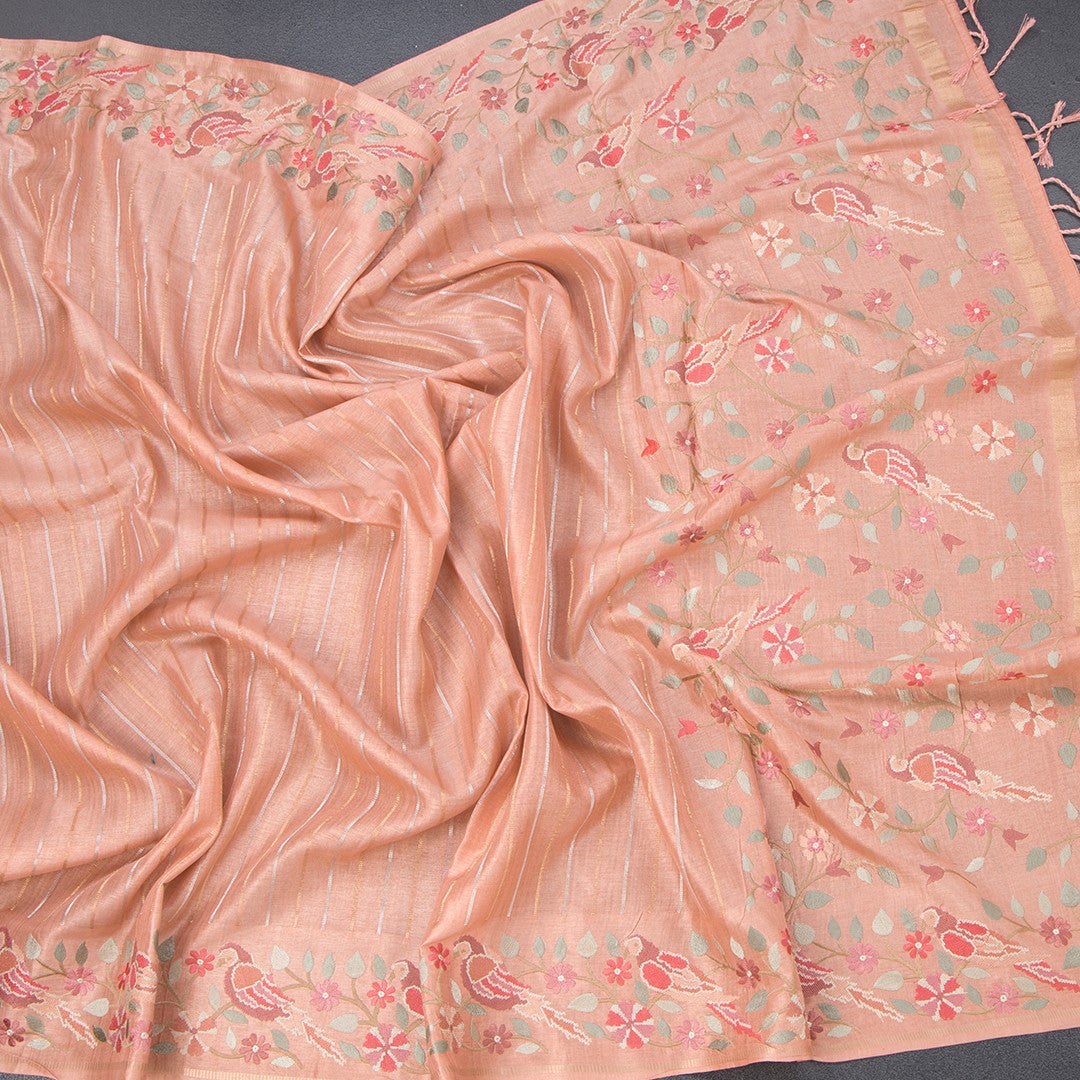 Raw Silk Light Orange Zari Stripes Saree And Thread Border