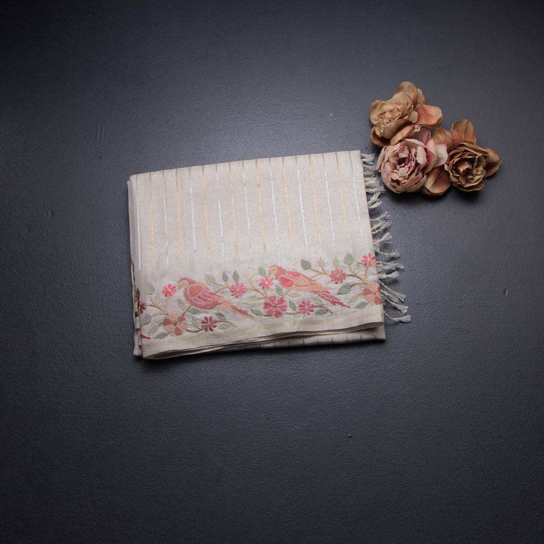 Raw Silk Cream Saree With Zari Stripes And Thread Border