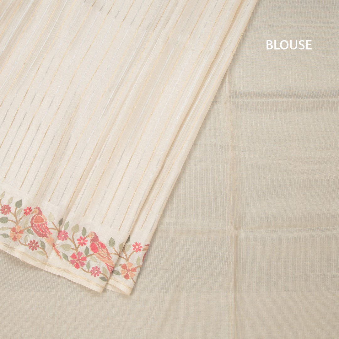 Raw Silk Cream Saree With Zari Stripes And Thread Border
