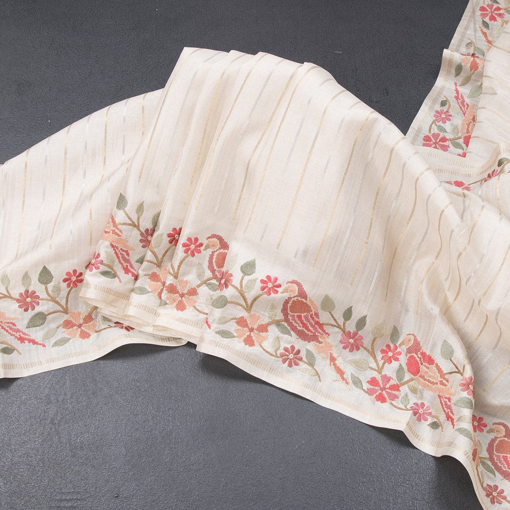 Raw Silk Cream Saree With Zari Stripes And Thread Border