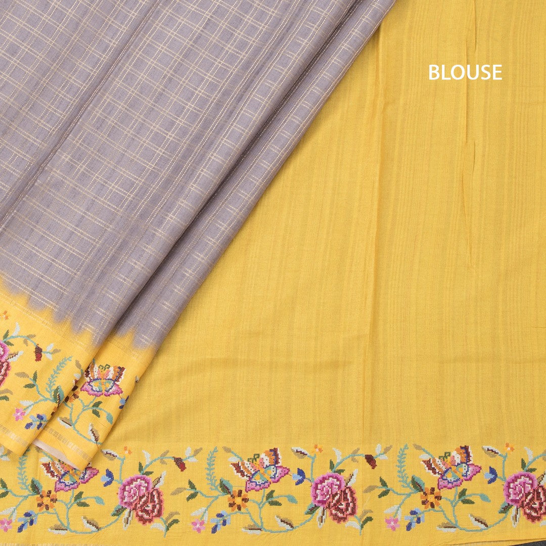 Raw Silk Grey Zari Checked Saree And Thread Border 02
