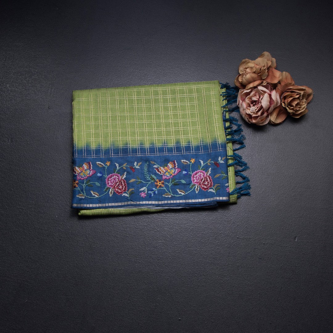 Raw Silk Parrot Green Zari Checked Saree And Thread Border