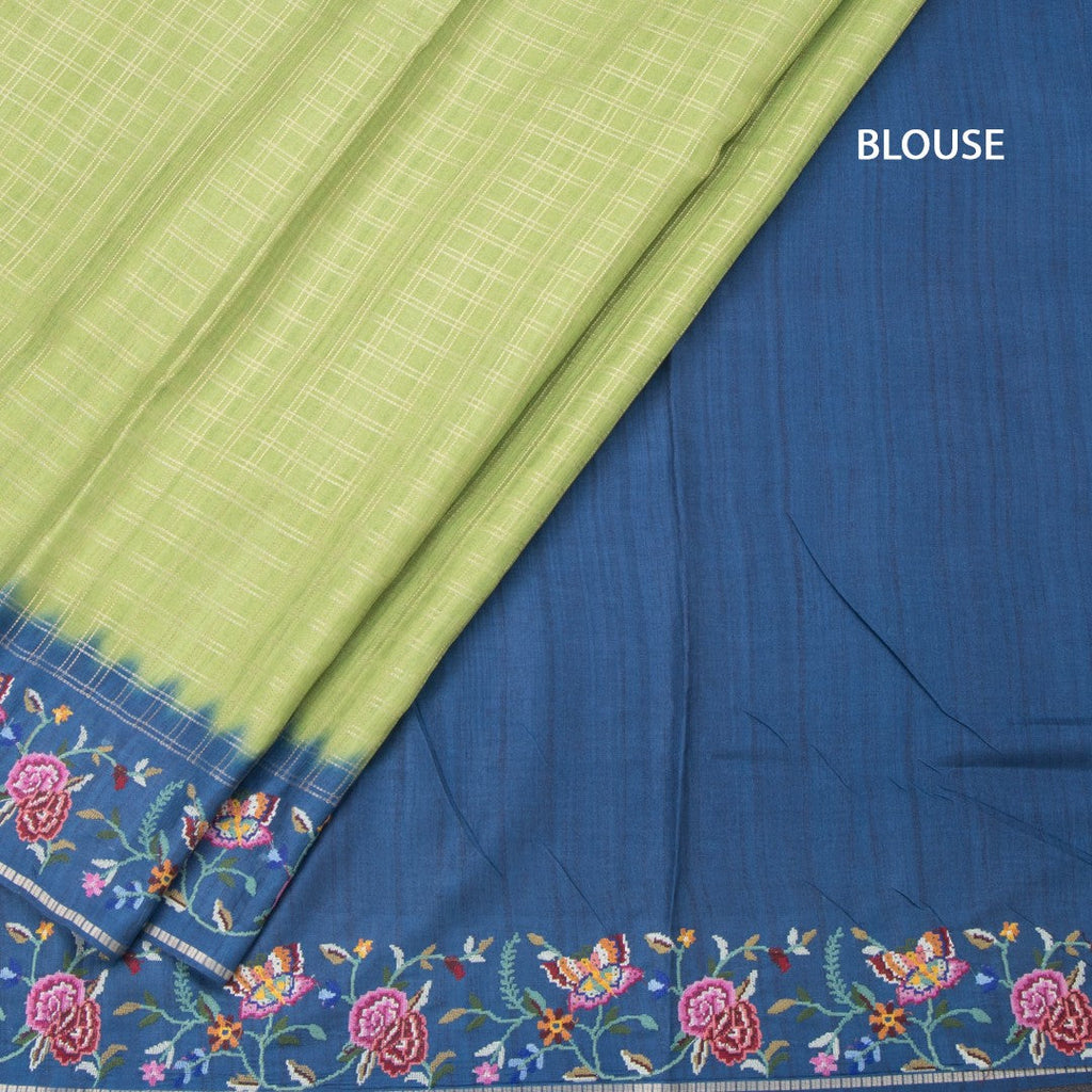 Raw Silk Parrot Green Zari Checked Saree And Thread Border