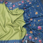 Raw Silk Parrot Green Zari Checked Saree And Thread Border