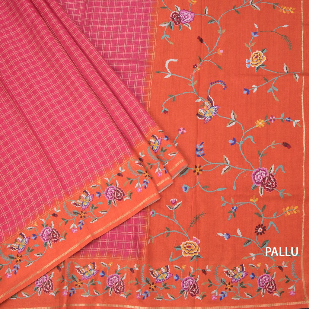Raw Silk Reddish Pink Zari Checked Saree And Thread Border