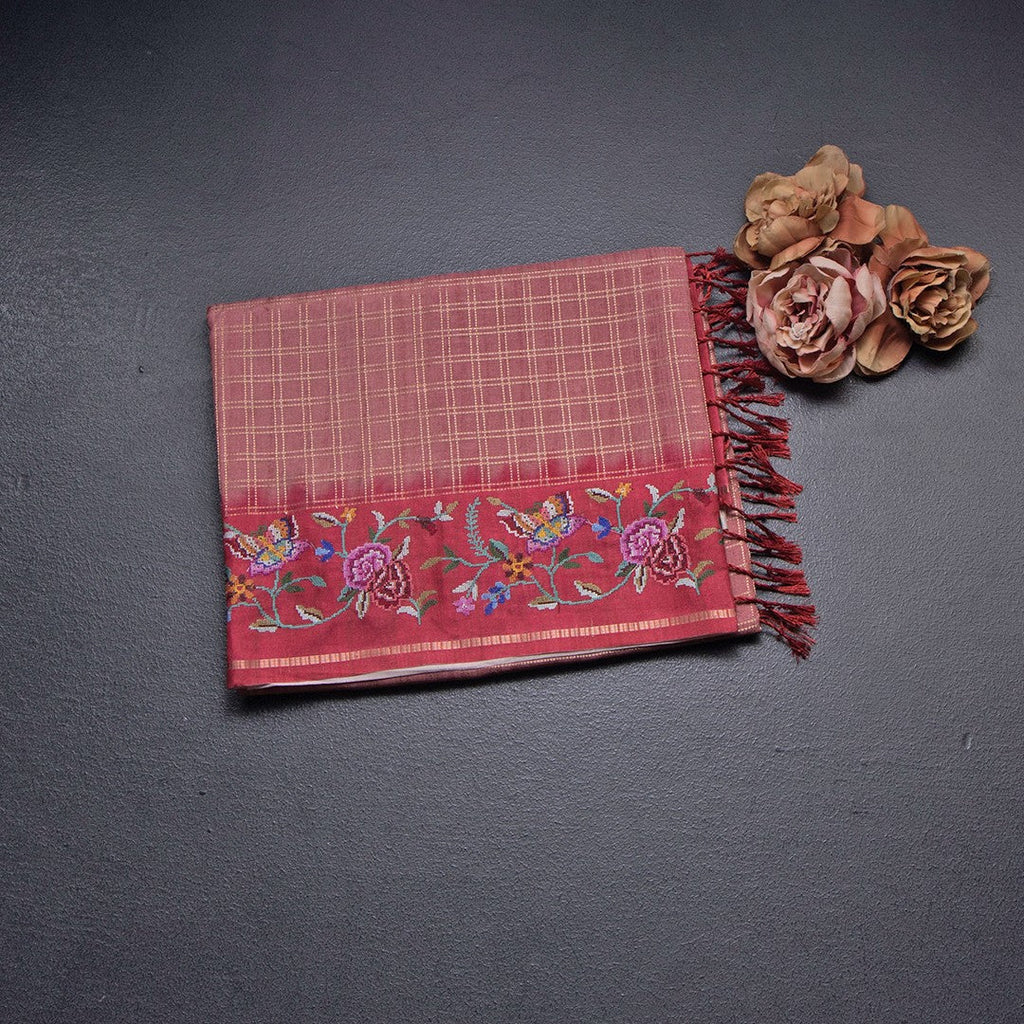 Raw Silk Onion Pink Zari Checked Saree And Thread Border