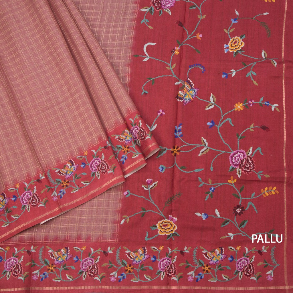 Raw Silk Onion Pink Zari Checked Saree And Thread Border