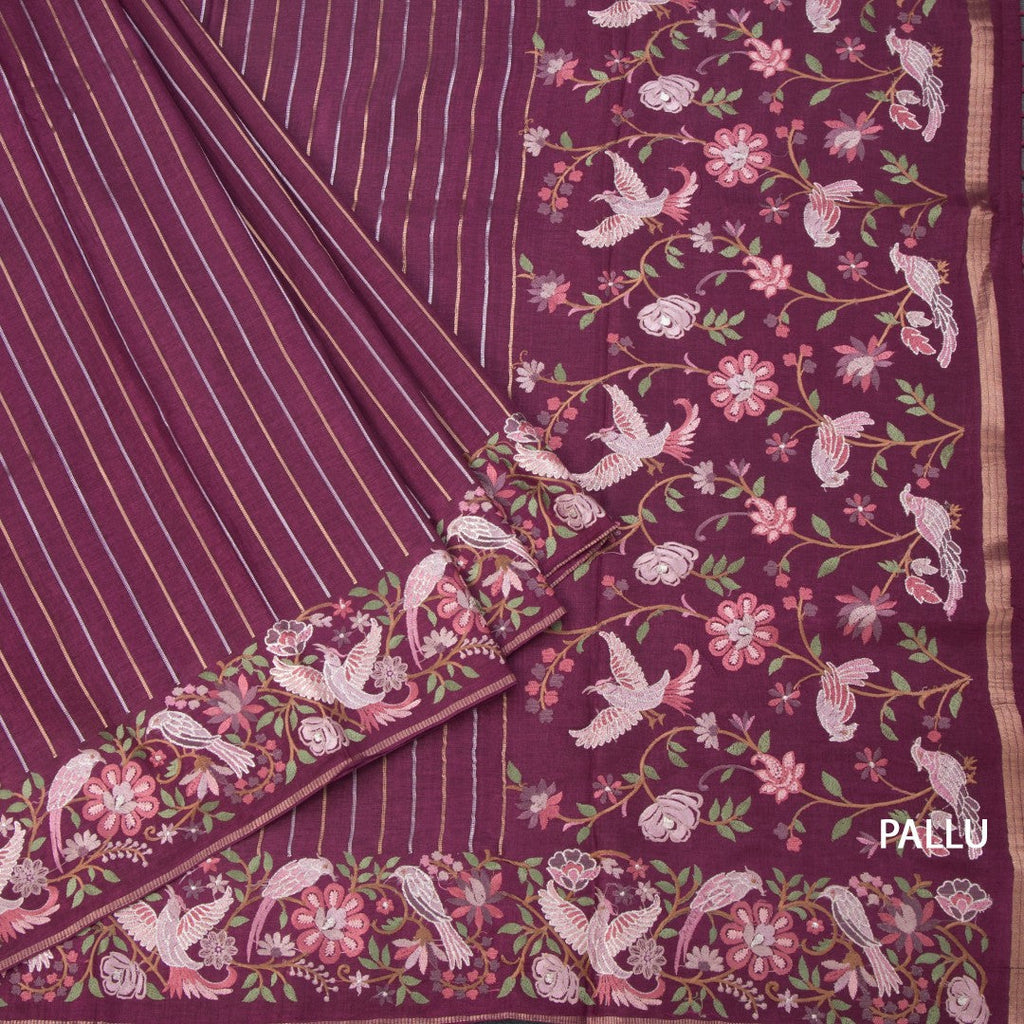 Raw Silk Maroon Zari Stripes Saree And Thread Border