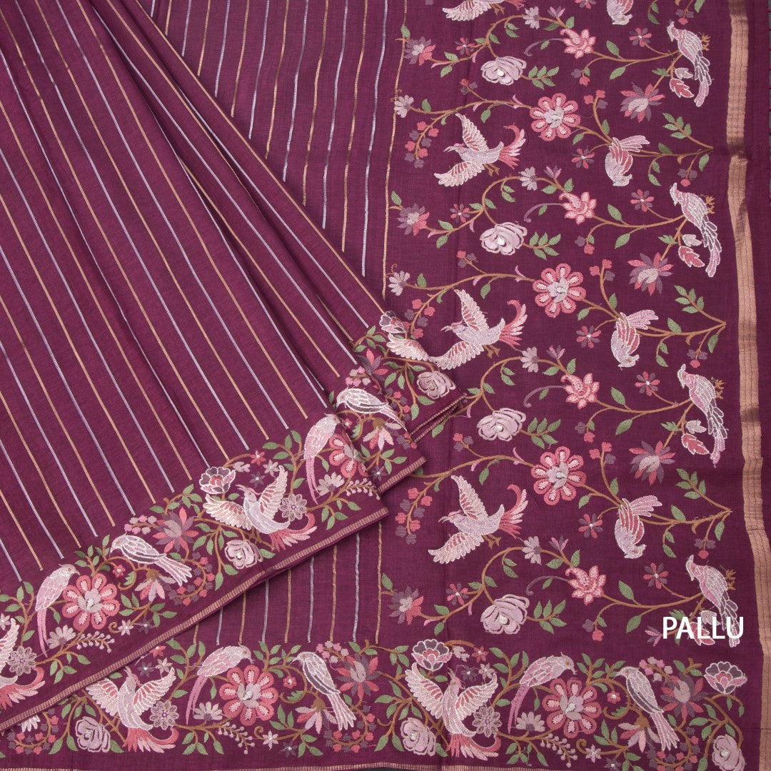 Raw Silk Maroon Zari Stripes Saree And Thread Border