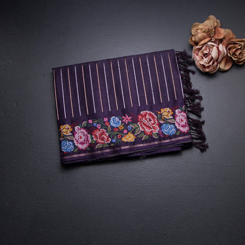 Raw Silk Dark Purple Zari Stripes Saree And Thread Border