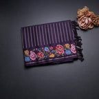 Raw Silk Dark Purple Zari Stripes Saree And Thread Border