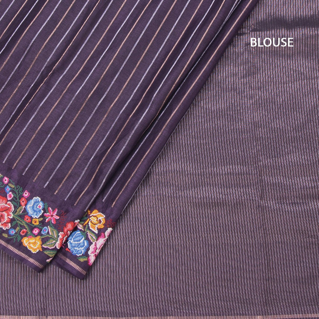 Raw Silk Dark Purple Zari Stripes Saree And Thread Border