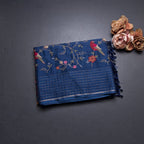 Raw Silk Navy Blue Thread Work Saree And Zari Checked Border