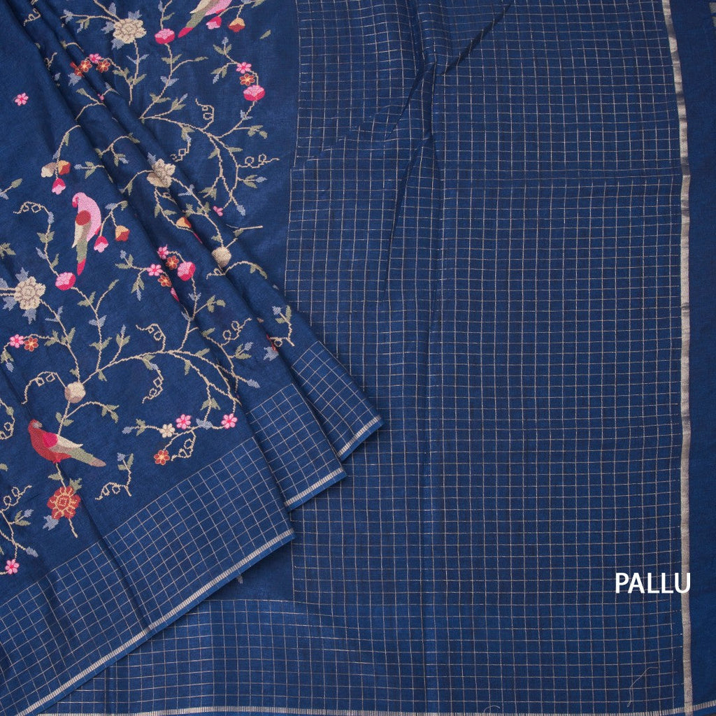 Raw Silk Navy Blue Thread Work Saree And Zari Checked Border