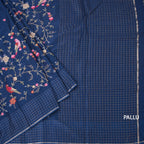 Raw Silk Navy Blue Thread Work Saree And Zari Checked Border