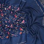 Raw Silk Navy Blue Thread Work Saree And Zari Checked Border