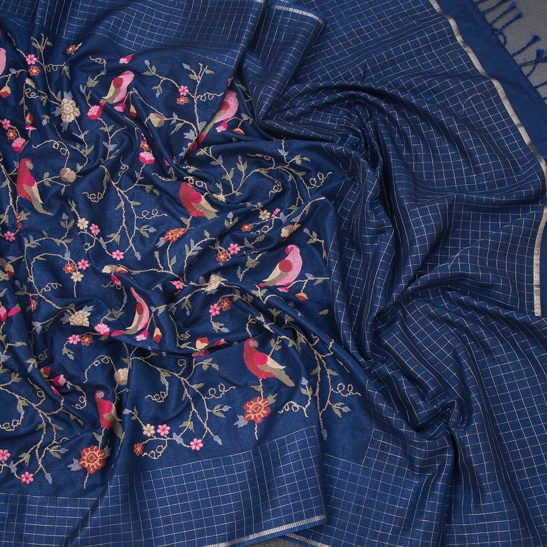 Raw Silk Navy Blue Thread Work Saree And Zari Checked Border