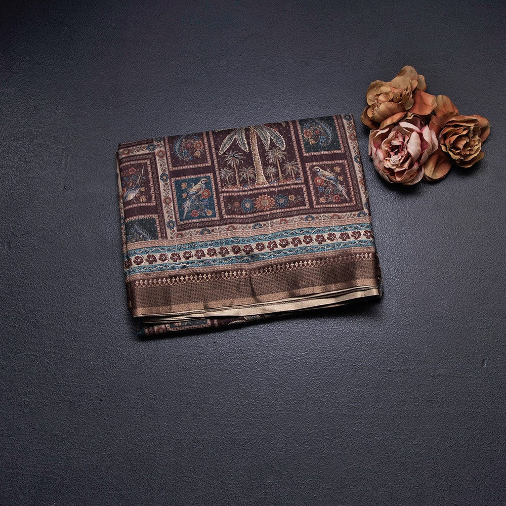 Raw Silk Brown Printed Saree