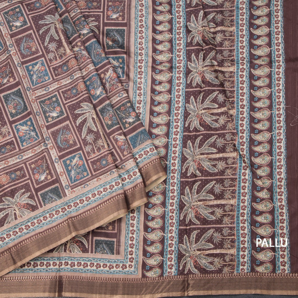 Raw Silk Brown Printed Saree