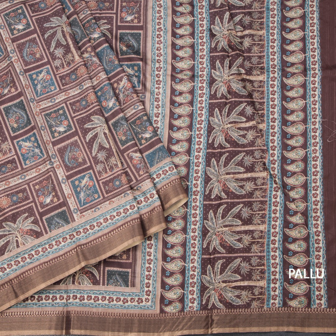 Raw Silk Brown Printed Saree